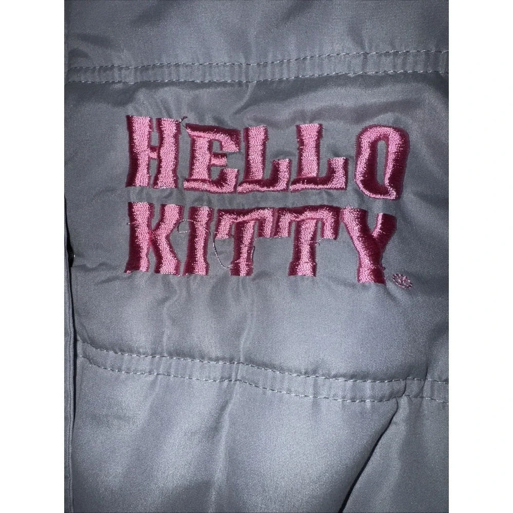 Hello Kitty Sanrio Grey Puffer Jacket‎ Hooded Faux Fur Trim Pink Lining Girls 12